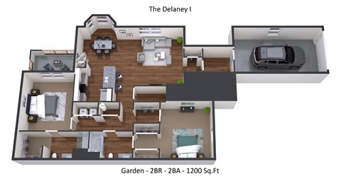 A floor plan of a house named The Delaney I with a garden area of 2BR - 2BA - 1200 Sq.Ft.
